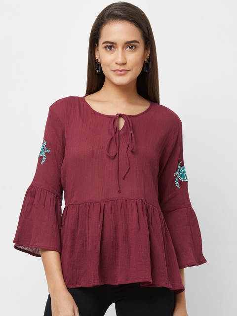 

Fusion Beats Women Burgundy Solid Peplum Top