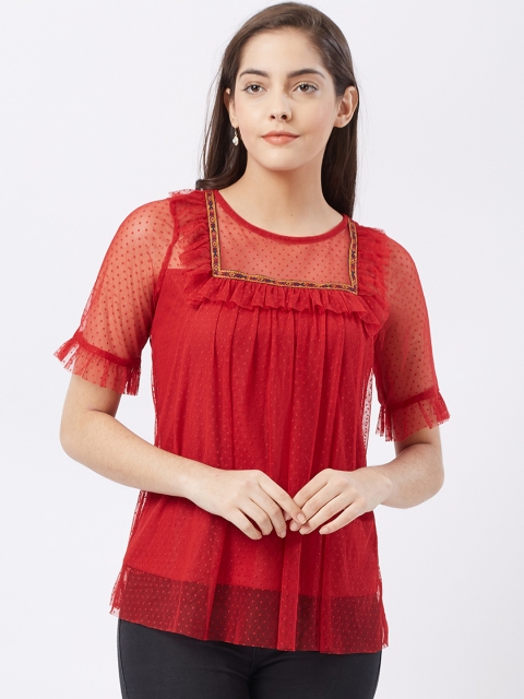 

Fusion Beats Women Red Self Design Semi Sheer A-Line Top
