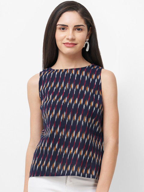 

Fusion Beats Women Navy Blue & Pink Printed Styled Back Top