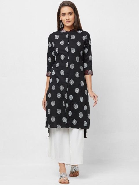 

Fusion Beats Women Black & White Printed Straight Kurta