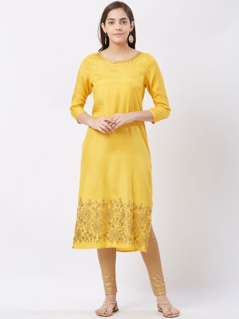 

Fusion Beats Women Yellow Printed Straight Kurta