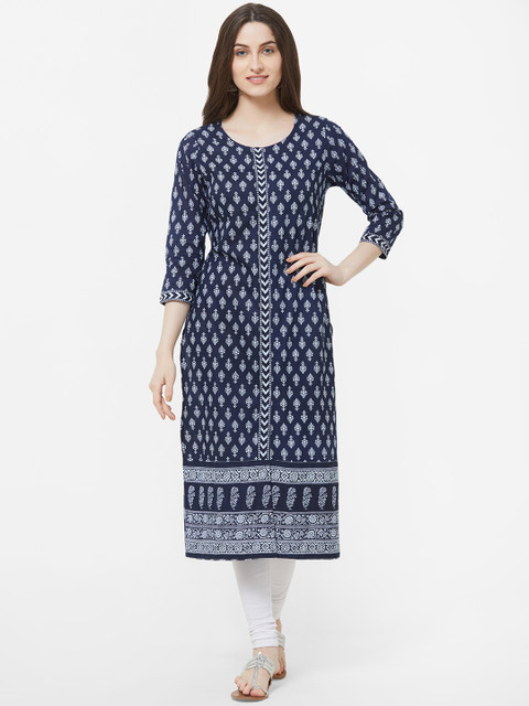 

Vedic Women Navy Blue & White Printed Straight Kurta