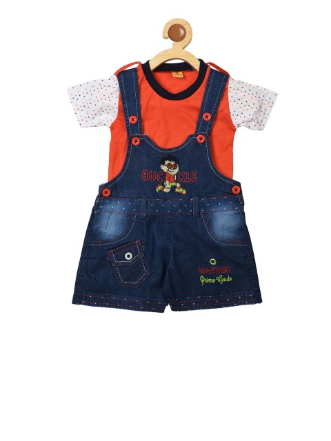 

BORN WEAR Kids Blue & Orange Solid Dungarees With T-Shirt, Red