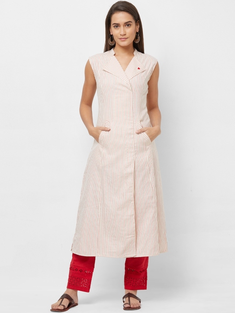 

Fusion Beats Women White & Red Striped Straight Kurta