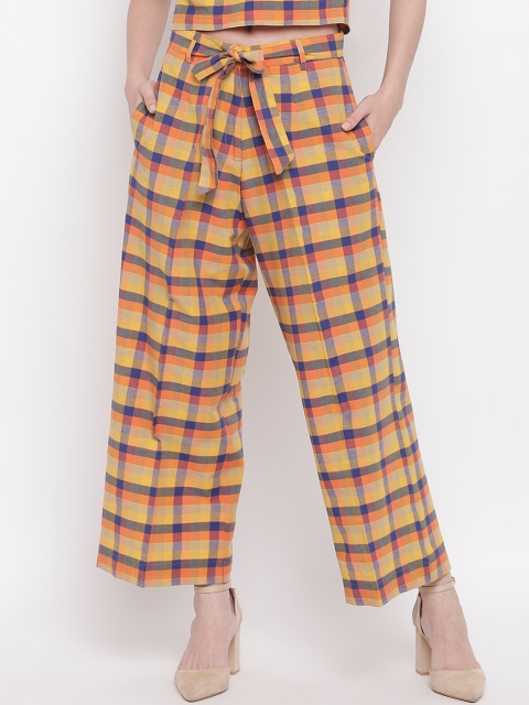 

FABNEST Women Yellow & Navy Blue Regular Fit Checked Culottes