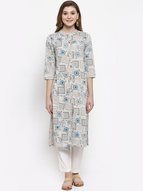 

ANAISA Women White & Blue Printed Straight Kurta