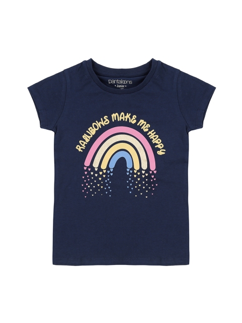 

Pantaloons Junior Girls Navy Blue Printed Round Neck Pure Cotton T-shirt