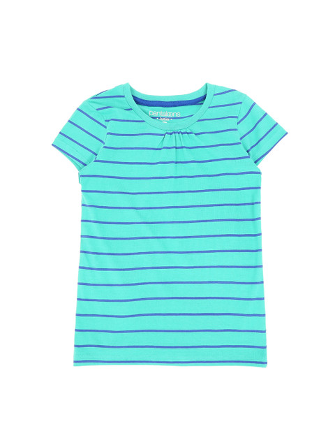 

Pantaloons Junior Girls Sea Green Striped Round Neck Pure Cotton T-shirt