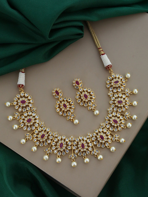 

Voylla Gold-Plated White & Pink CZ-Studded Faux Pearl Embellished Handcrafted Jewellery Set