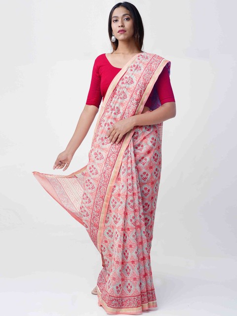 

Unnati Silks Pink & White Silk Cotton Printed Chanderi Handloom Sustainable Saree