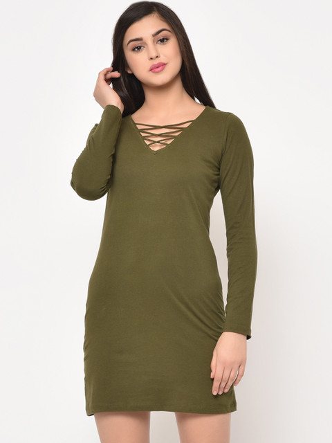 

Rigo Women Olive Green Solid T-shirt Dress