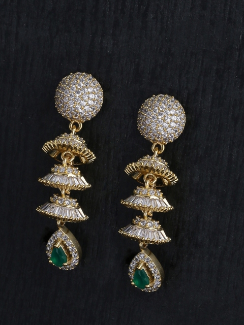 

Voylla Gold-Plated & Green CZ Studded Contemporary Drop Earrings
