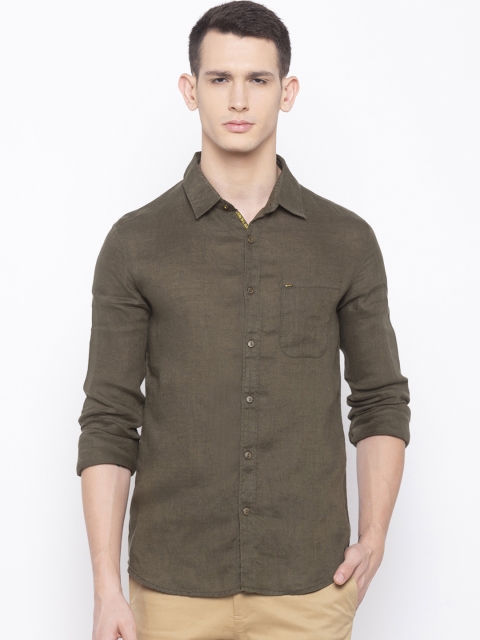 

SPYKAR Men Olive Brown Slim Fit Solid Linen Casual Shirt