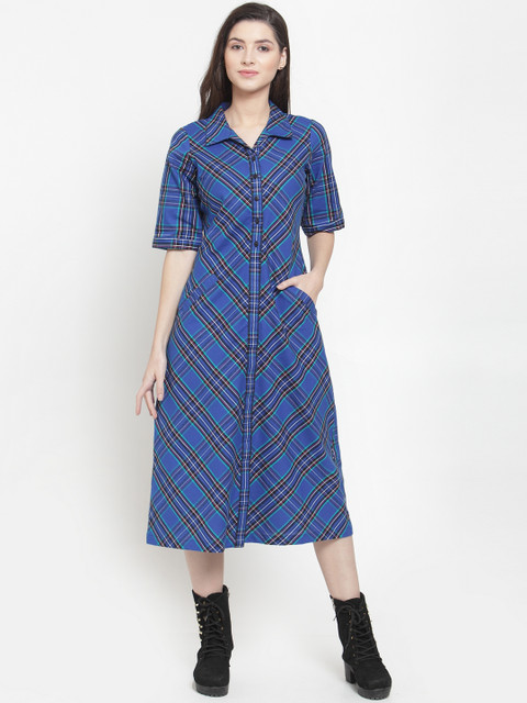 

Ayaany Women Blue Checked Shirt Dress
