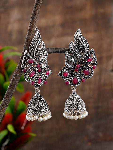 

Silvermerc Designs Silver-Plated & Red Leaf Shaped Jhumkas