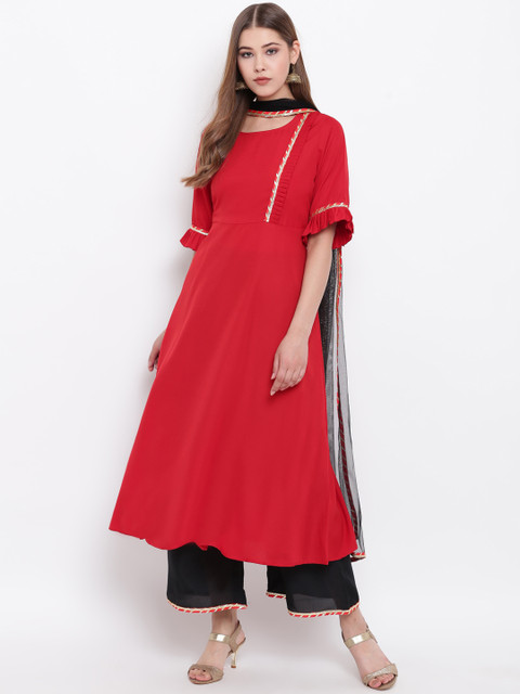 

Shakumbhari Women Red Solid Kurta with Palazzos & Dupatta