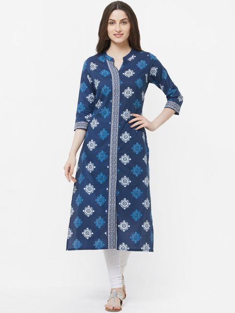 

Vedic Women Blue & White Printed Straight Kurta