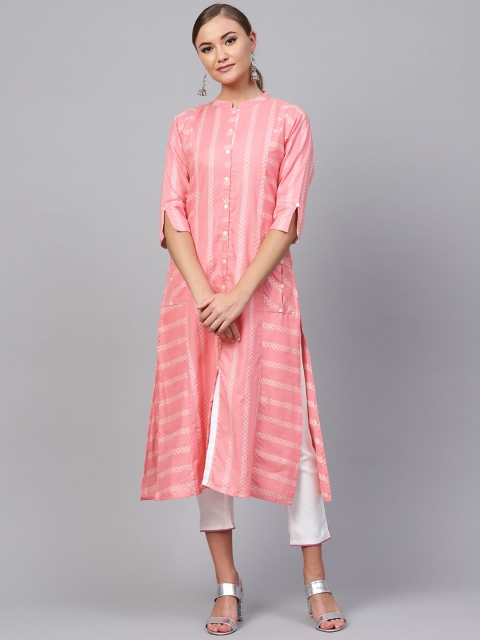 Indo Era Women Pink & Off-White Printed Straight Kurta