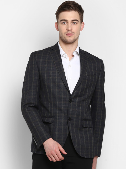 

Aditi Wasan Men Charcoal Grey & Brown Checked Single-Breasted Formal Blazer