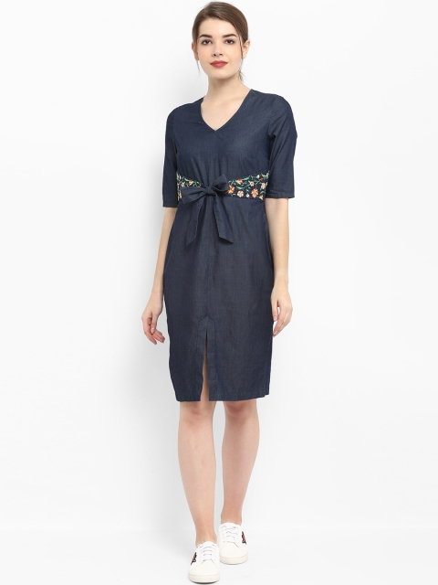 

FOSH Women Navy Blue Denim Sheath Dress with Embroidery