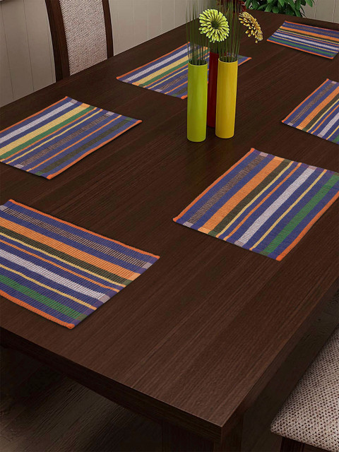 

NEUDIS Set of 6 Orange & Blue Striped Ribbed Table Placemats