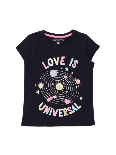 

Pantaloons Junior Girls Navy Blue Printed Round Neck Pure Cotton T-shirt