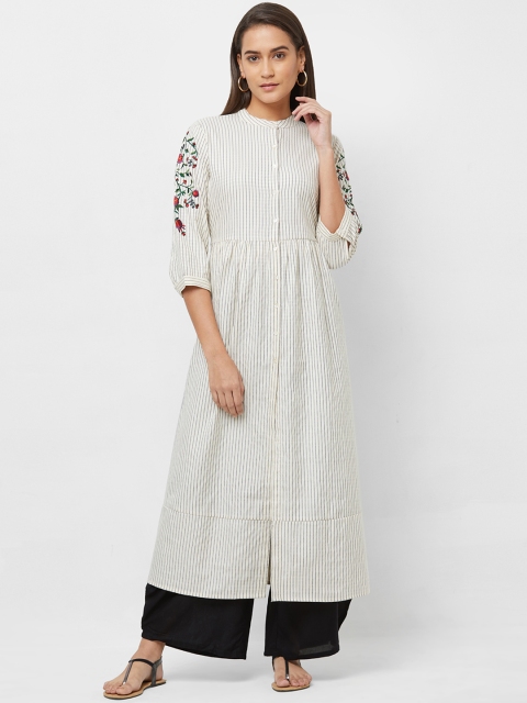 

Fusion Beats Women Grey & White Striped A-Line Kurta