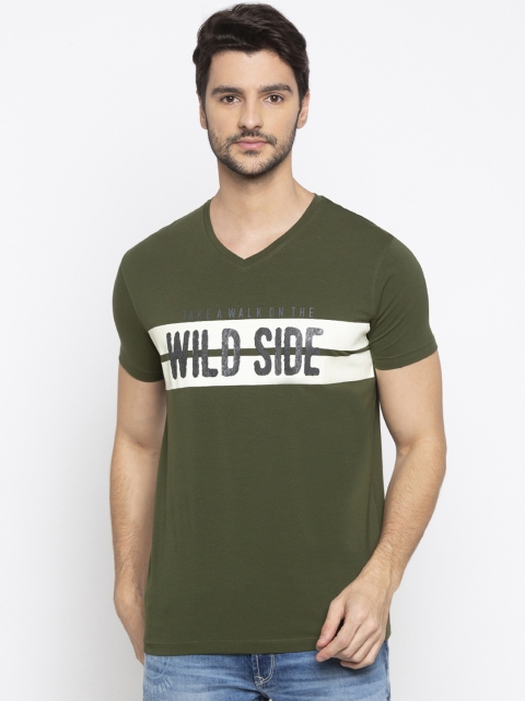 

SPYKAR Men Olive Green Printed V-Neck T-shirt