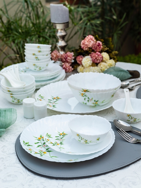 Laopala White & Green 35-Pieces Printed Opalware Dinner Set