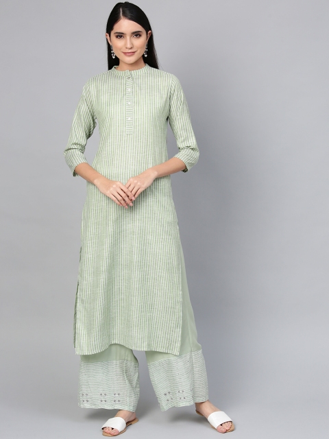 

Indo Era Women Green & Cream-Coloured Striped Straight Kurta