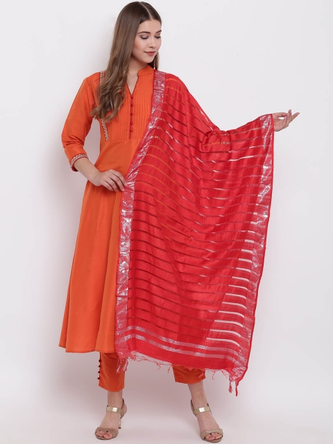 

Shakumbhari Red & Silver-Coloured Striped Dupatta