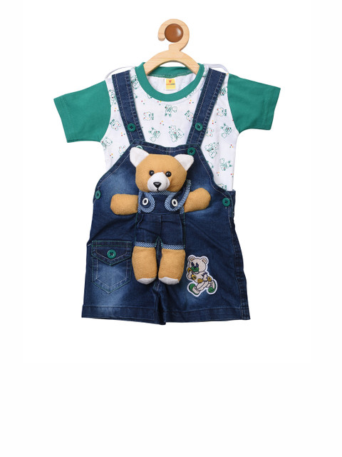 

BORN WEAR Kids Blue Solid Denim Dungaree With T-Shirt, White
