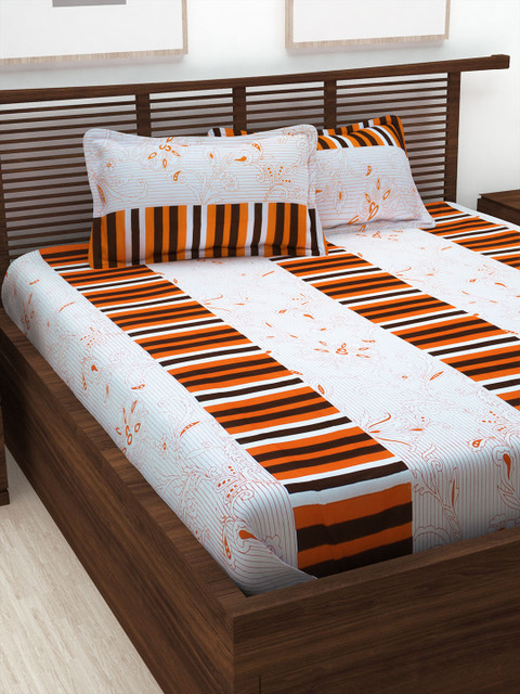 

Story@home White & Orange Floral 152 TC Cotton 1 Queen Bedsheet with 2 Pillow Covers