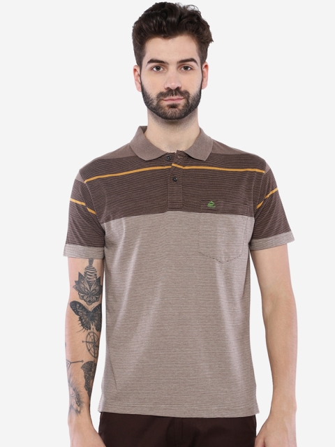 

Duke Men Brown Striped Polo Collar T-shirt