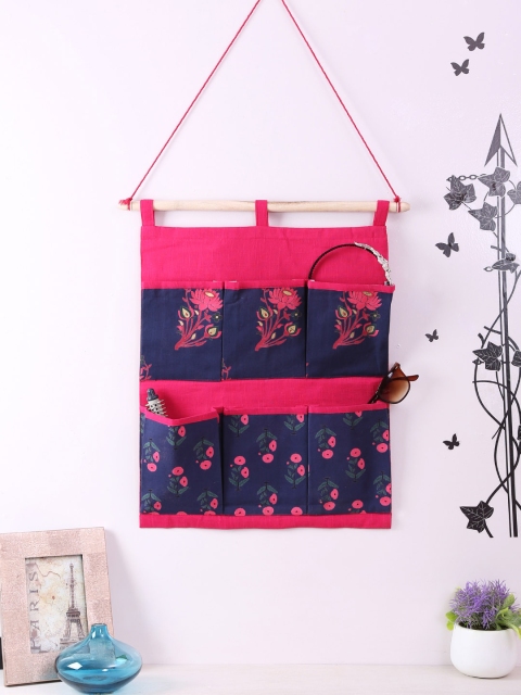 

Rajasthan Decor Blue & Pink Printed Multi-Utility Wall Hanging Organizer