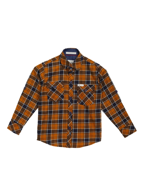 Boys Mustard Yellow & Navy Blue Regular Fit Checked Casual Shirt