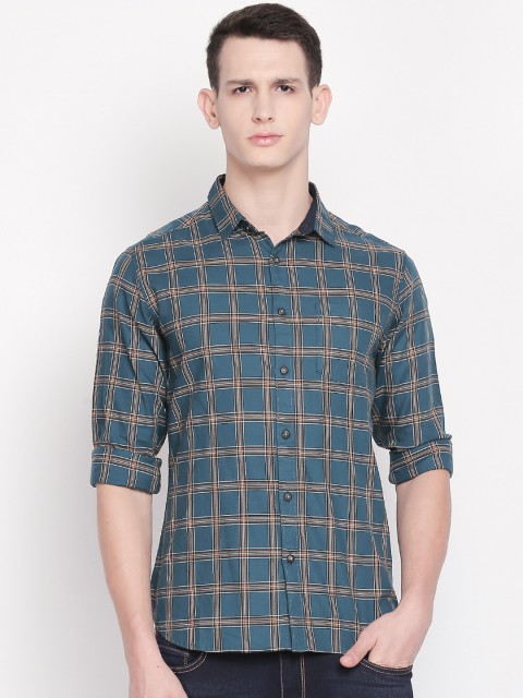 

BYFORD by Pantaloons Men Teal Blue & White Slim Fit Checked Casual Shirt