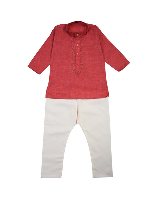 

La Bele Boys Maroon & Cream-Coloured Embroidered Kurta with Pyjamas