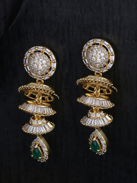 

Voylla Gold-Plated & Green CZ Studded Contemporary Drop Earrings
