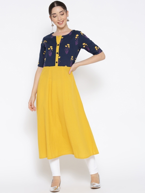 

Sringam Women Yellow & Navy Blue Printed A-Line Kurta