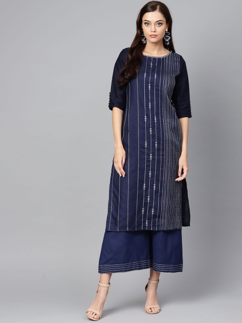 

Indo Era Women Navy Blue & White Embroidered Straight Kurta
