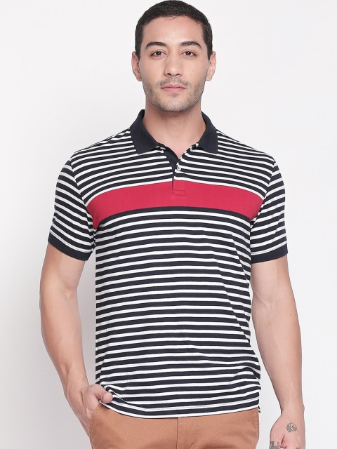 

BYFORD by Pantaloons Men Navy Blue & White Striped Polo Collar T-shirt