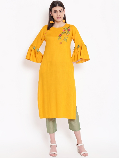 

Shakumbhari Women Yellow Embroidered Straight Kurta