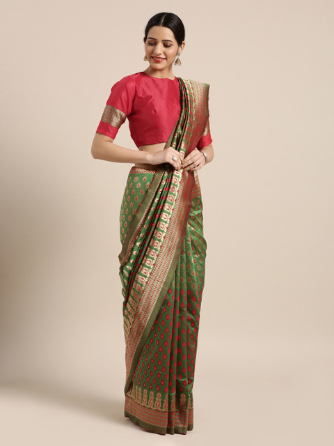 

Mitera Green Silk Blend Woven Design Kanjeevaram Saree