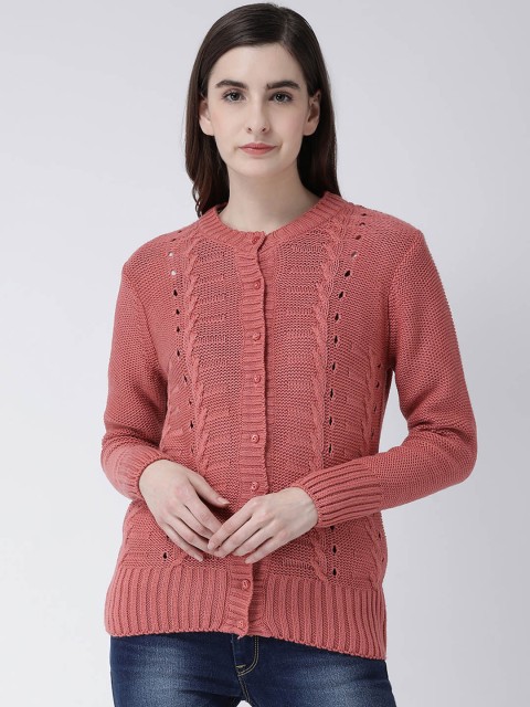 

Club York Women Coral Pink Self Design Cardigan Sweater