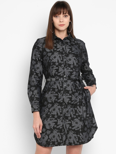 

FOSH Women Charcoal Grey Floral Printed Shirt Dress
