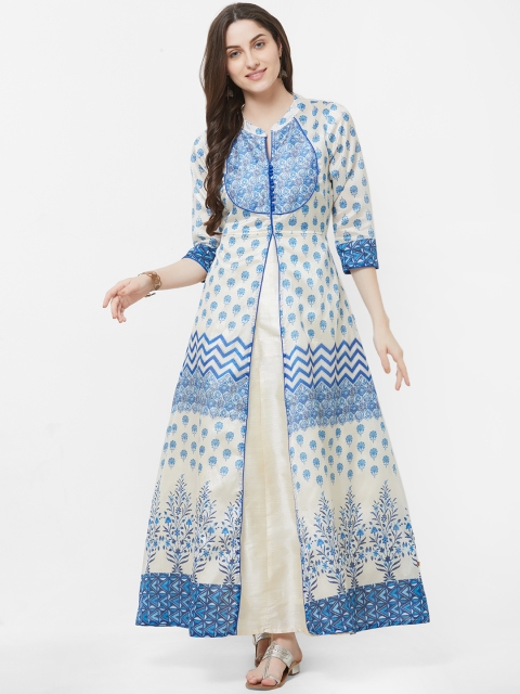 

Vedic Women Cream-Coloured & Blue Printed Silk Layered Maxi Dress