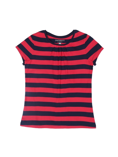 

Pantaloons Junior Girls Pink & Navy Blue Striped Round Neck T-shirt
