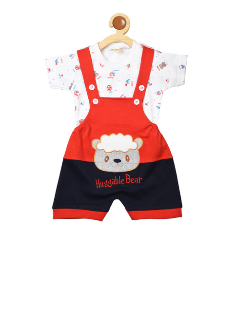 

BORN WEAR Kids Red & Blue Colourblocked Dungaree With T-Shirt, White