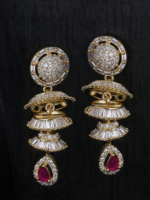 

Voylla Gold-Plated & Maroon CZ Studded Contemporary Drop Earrings